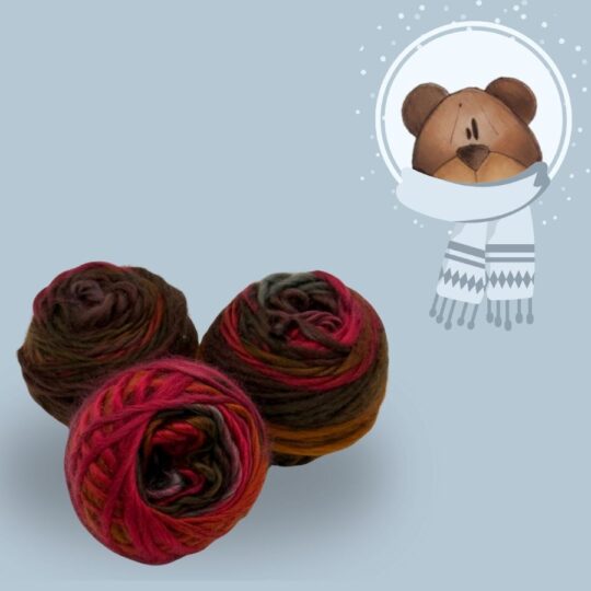 Gomitolo di "lana per capelli" in poliestere sfumato, di diverse sfumature di colore dal bordeaux al fuxia, dal marrone all'amaranto, fino al nero