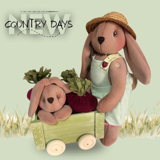 CONTANIGLIO, coniglietto in pile vestito da contadino con carretto in legno pieno di carote di pezza